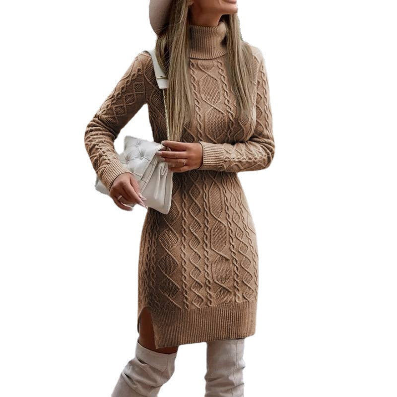 Strickkleid mit Zopfmuster und Rollkragen Ingwergelb für Damen
