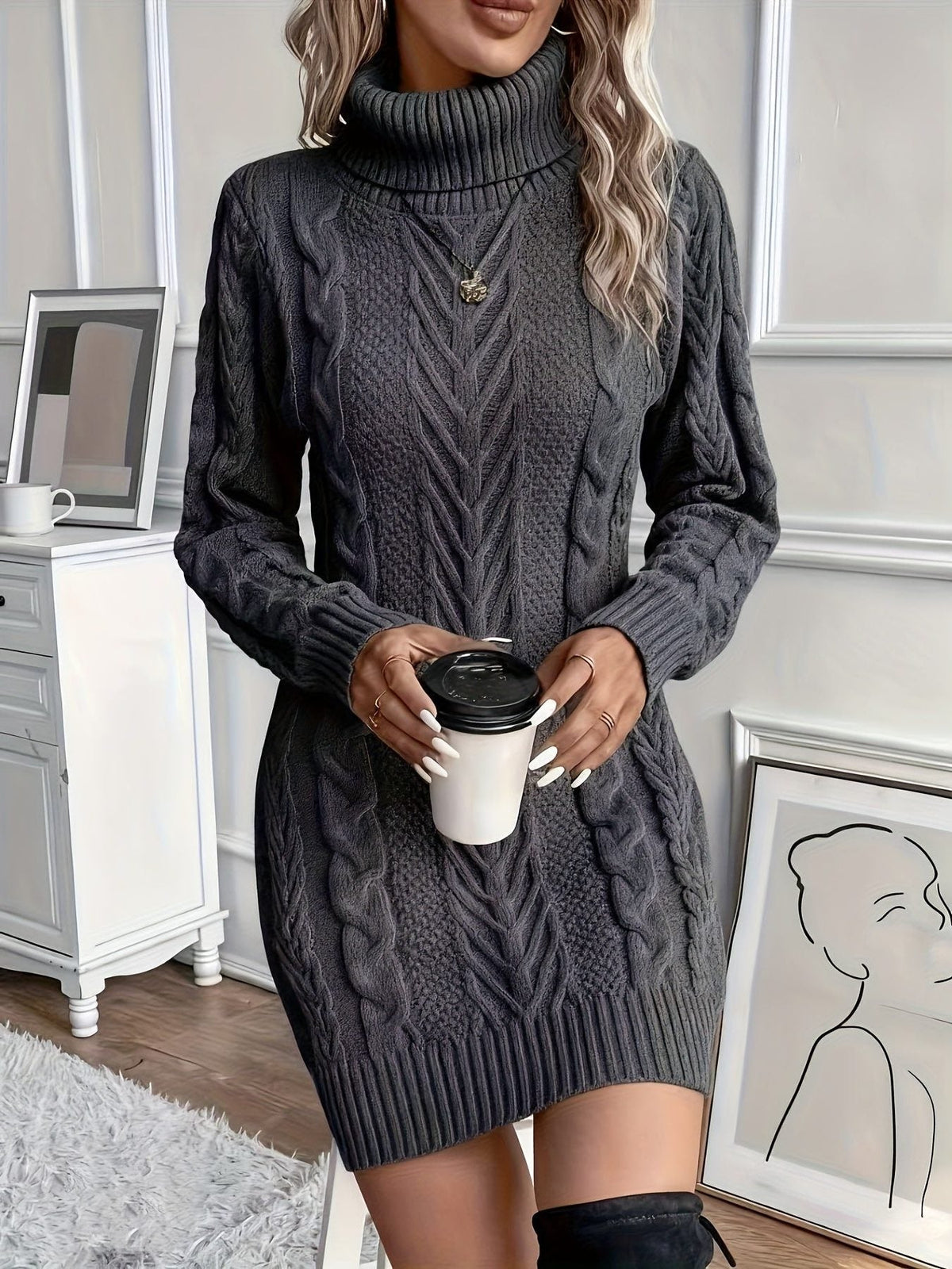 Strickkleid mit Zopfmuster und Rollkragen für Damen