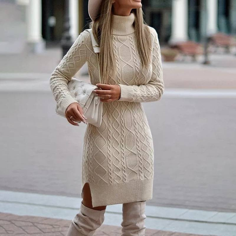 Strickkleid mit Zopfmuster und Rollkragen Ingwergelb für Damen