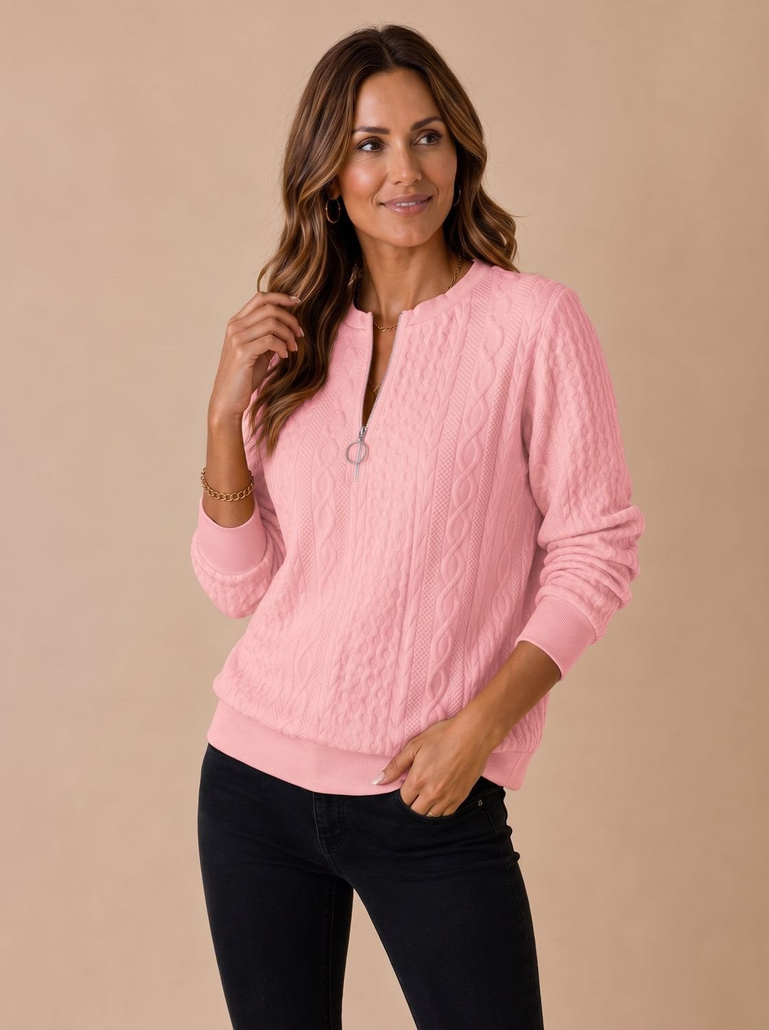 Strickpullover Damen locker geschnitten mit Zopfmuster und kurzem Reißverschluss