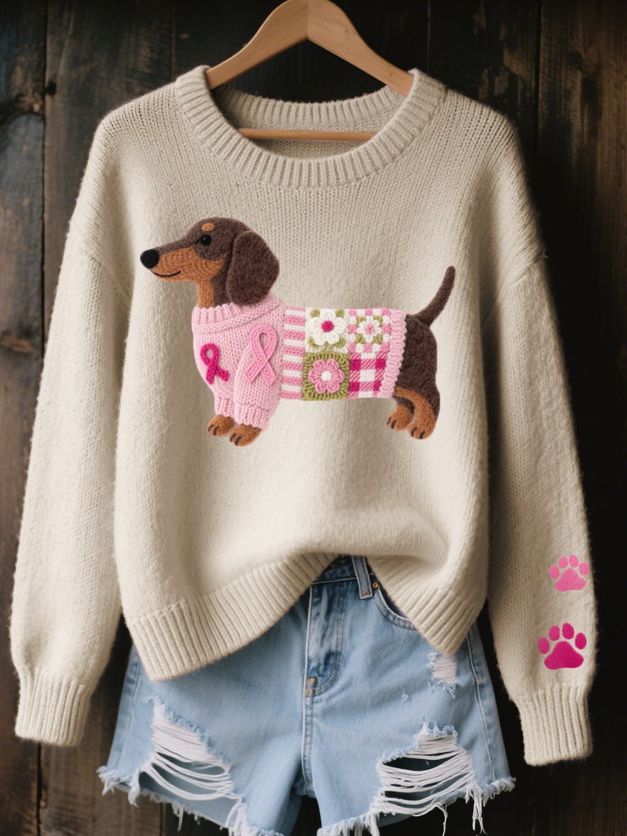 Pullover Damen Strick mit Dackel Motiv Rundhals und Rippbündchen
