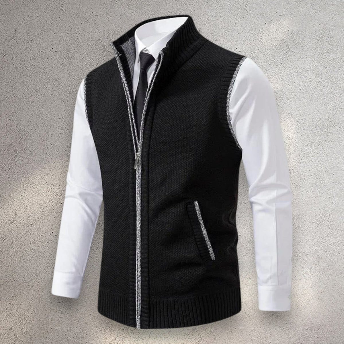 Bayer Modehaus - Herren Strickweste mit Stehkragen und Reißverschluss, Melange in Schwarz