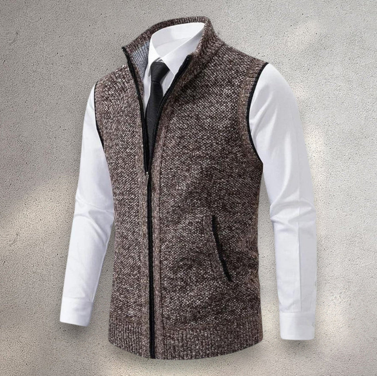 Bayer Modehaus - Herren Strickweste mit Stehkragen und Reißverschluss, Melange in Braun
