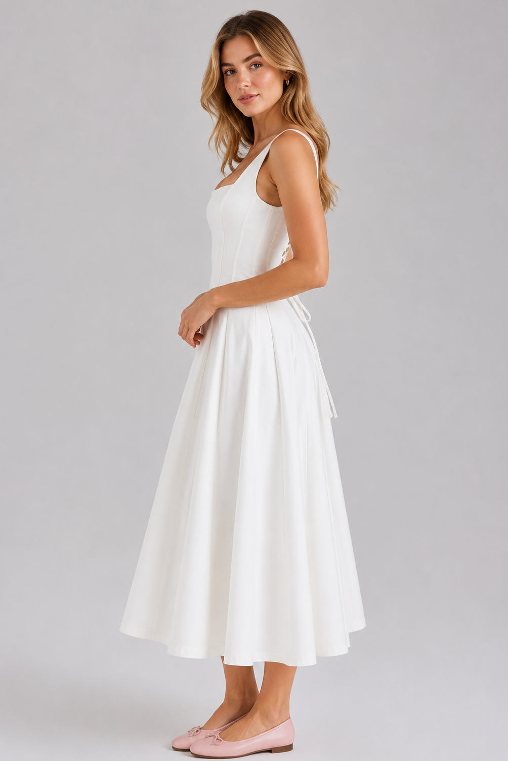 Festliches Kleid Damen Midikleid eckiger Ausschnitt Rückenschnürung