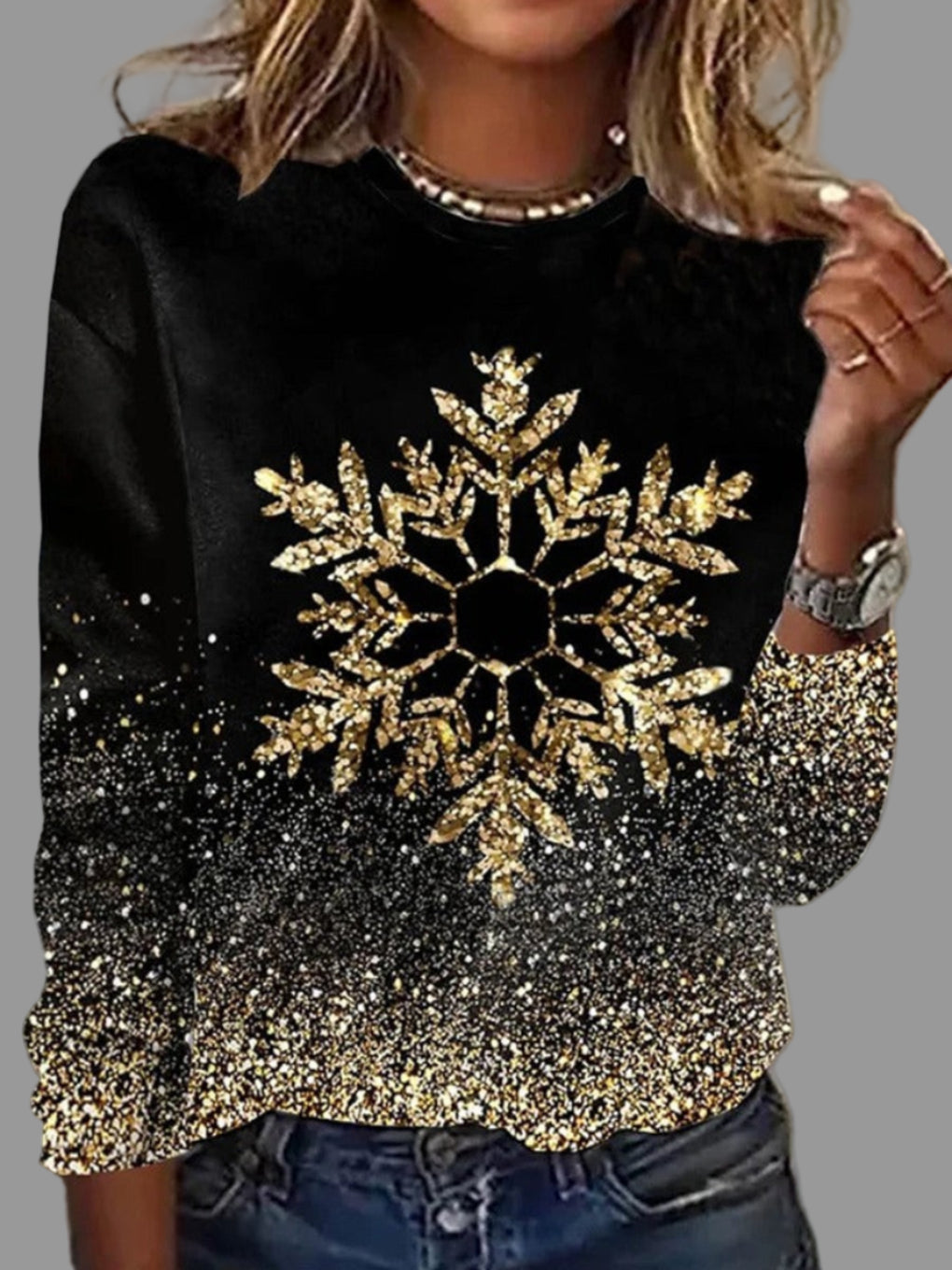 Weihnachtspullover mit goldenen Schneeflocken für Damen