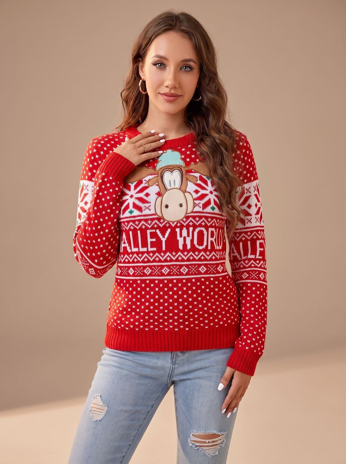Weihnachtspullover Damen locker gestrickt mit Rentiermotiv und Langarm