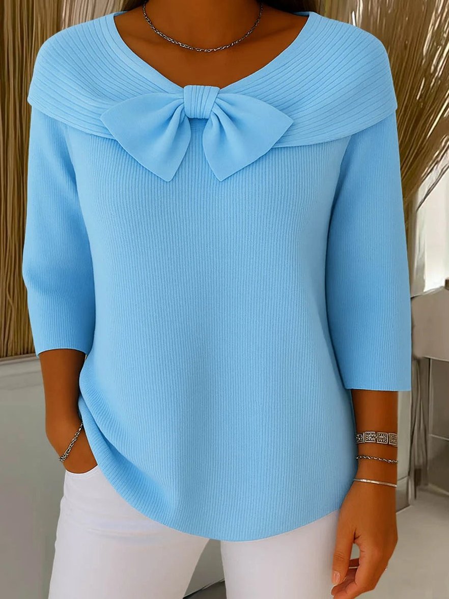 Pullover Damen Strickpullover mit Schleife, 3/4-Arm und Rippenstrick