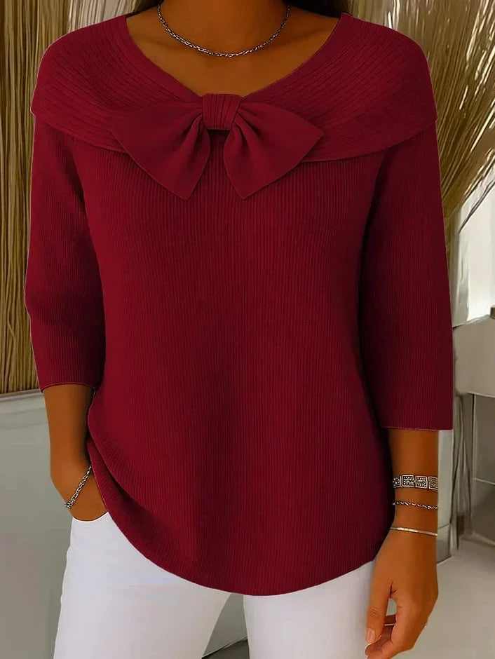 Pullover Damen Strickpullover mit Schleife, 3/4-Arm und Rippenstrick