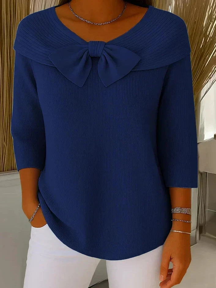 Pullover Damen Strickpullover mit Schleife, 3/4-Arm und Rippenstrick
