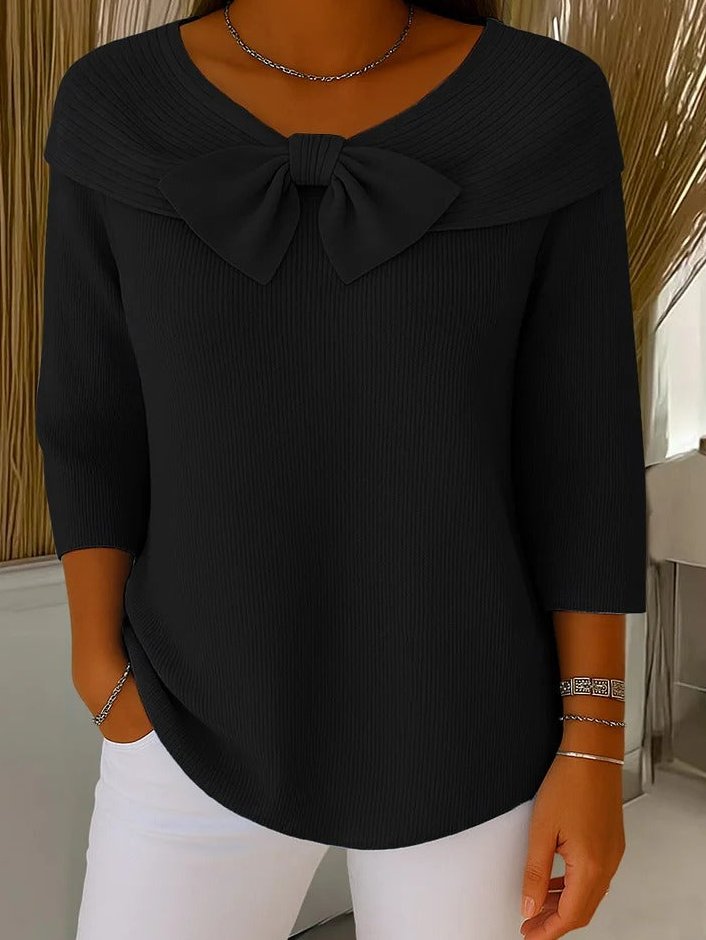 Pullover Damen Strickpullover mit Schleife, 3/4-Arm und Rippenstrick
