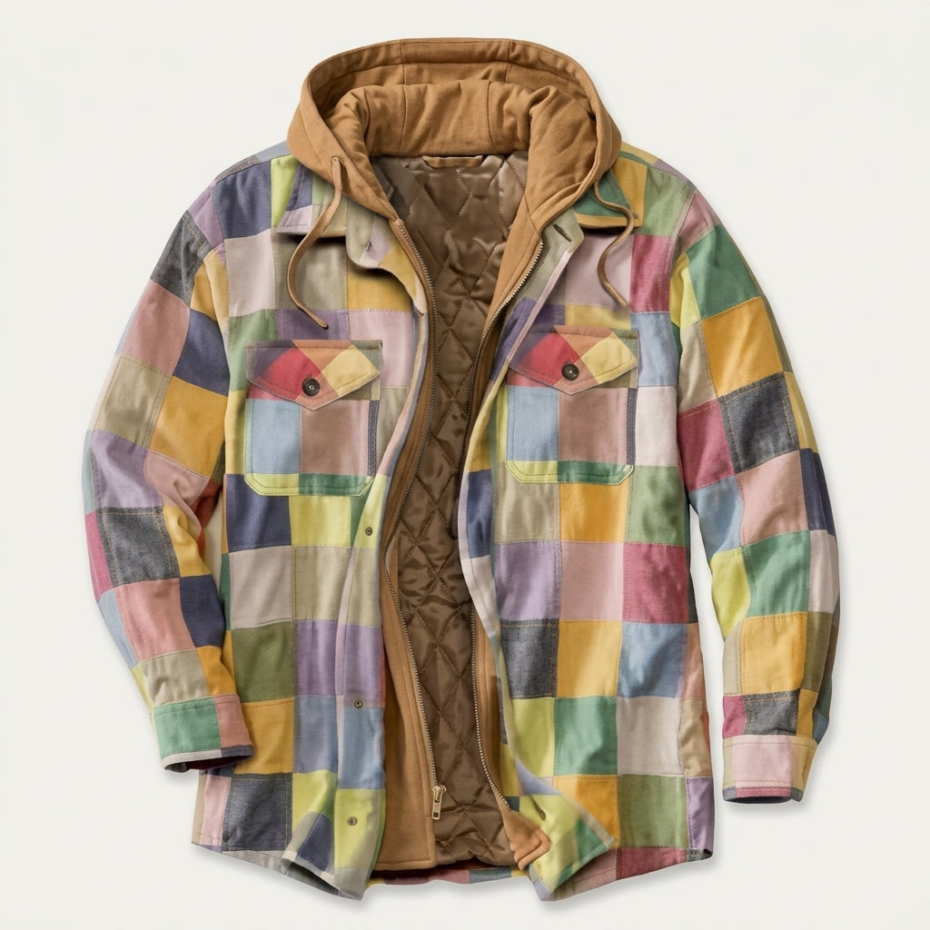 Winterjacke gefüttert mit Patchwork und Kapuze für Herren in Pastellfarben kariert - Ansicht 12