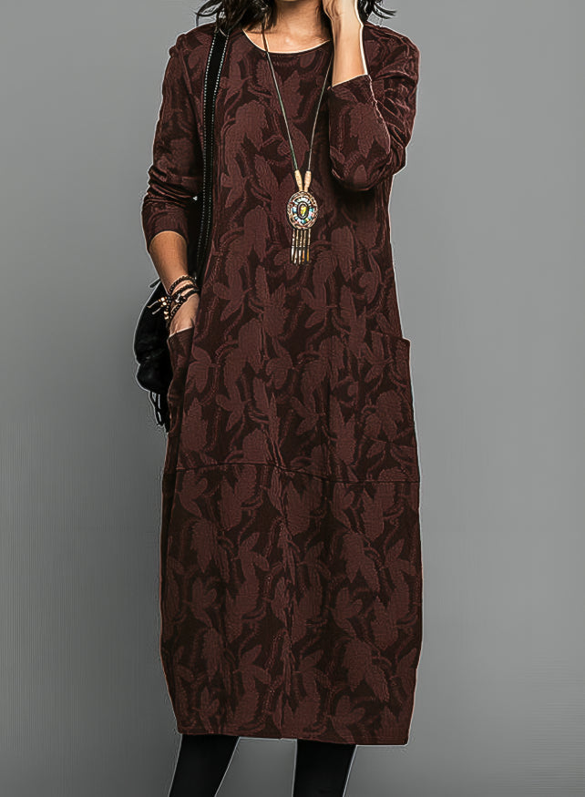 Winterkleid mit Blumenmuster, Rundhals und Taschen für Damen in Weinrot - Ansicht 2