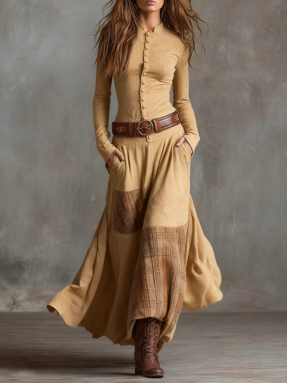 Winterkleid mit Karomuster und Gürtel für Damen