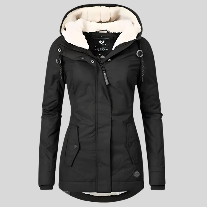 Wintermantel mit Kapuze und heller Innenlage für Damen in Schwarz - Ansicht 6