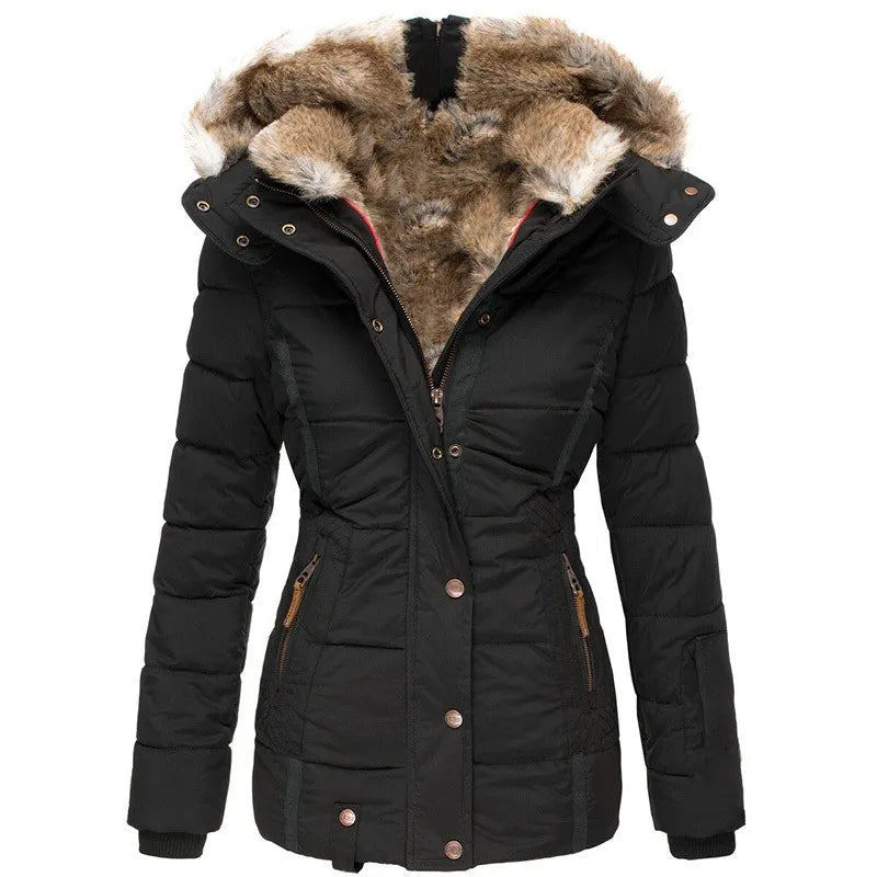 Gesteppter Wintermantel mit Kapuze und Zipper-Taschen für Damen in Schwarz