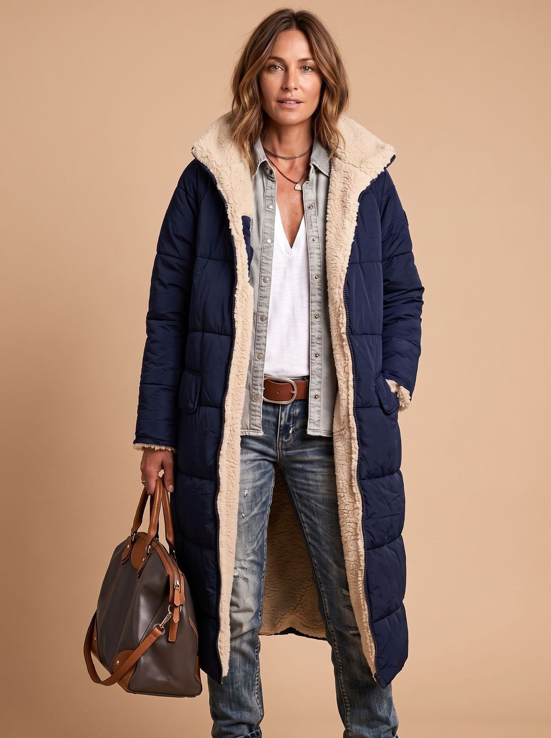 Wintermantel Damen gesteppt, lang mit Teddyfutter und Kapuze