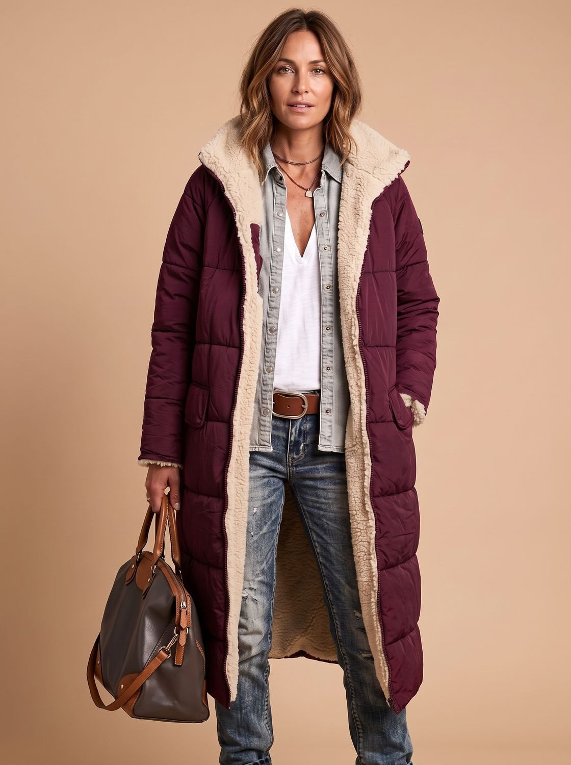 Wintermantel Damen gesteppt, lang mit Teddyfutter und Kapuze