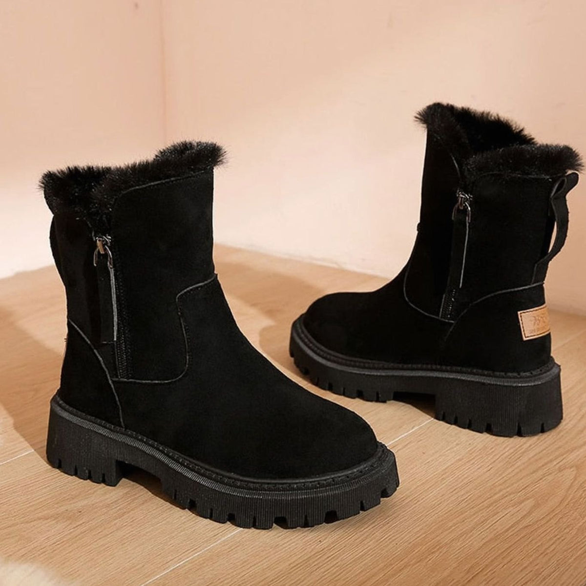 Winterstiefel gefüttert mit Kunstfell und Blockabsatz für Damen in Schwarz - Ansicht 4