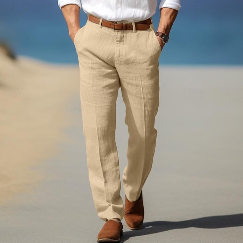 Bayer Modehaus - Herren Chinohose mit Bügelfalte und geradem Bein, Leinen-Optik in Beige