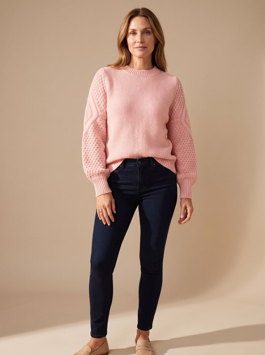 Zopfmuster-Pullover Damen locker geschnitten mit Laternärmeln