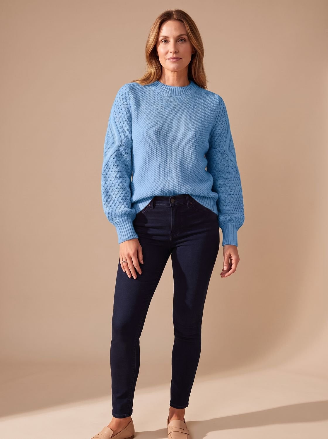 Zopfmuster-Pullover Damen locker geschnitten mit Laternärmeln
