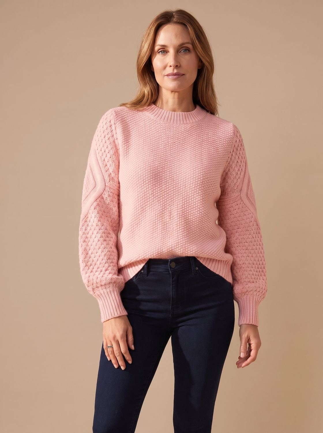 Zopfmuster-Pullover Damen locker geschnitten mit Laternärmeln