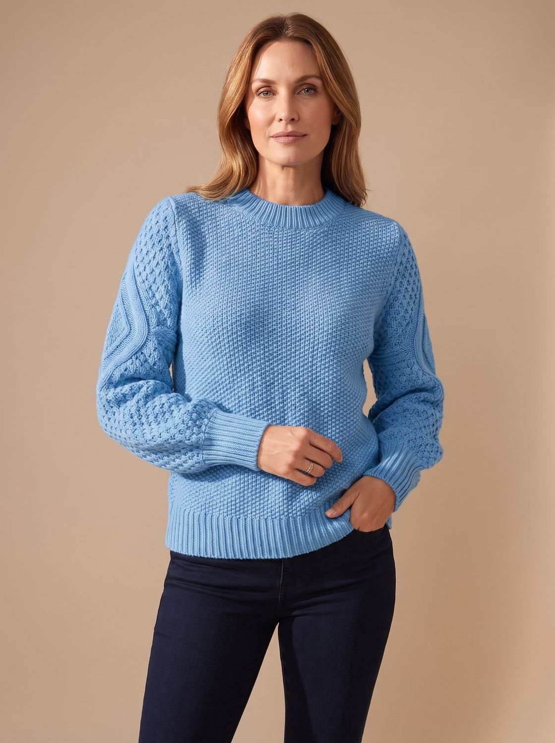 Zopfmuster-Pullover Damen locker geschnitten mit Laternärmeln