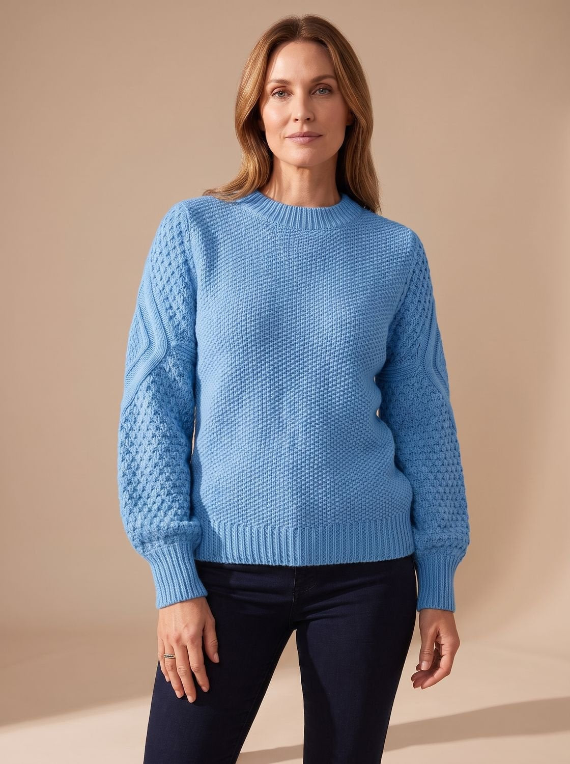 Zopfmuster-Pullover Damen locker geschnitten mit Laternärmeln