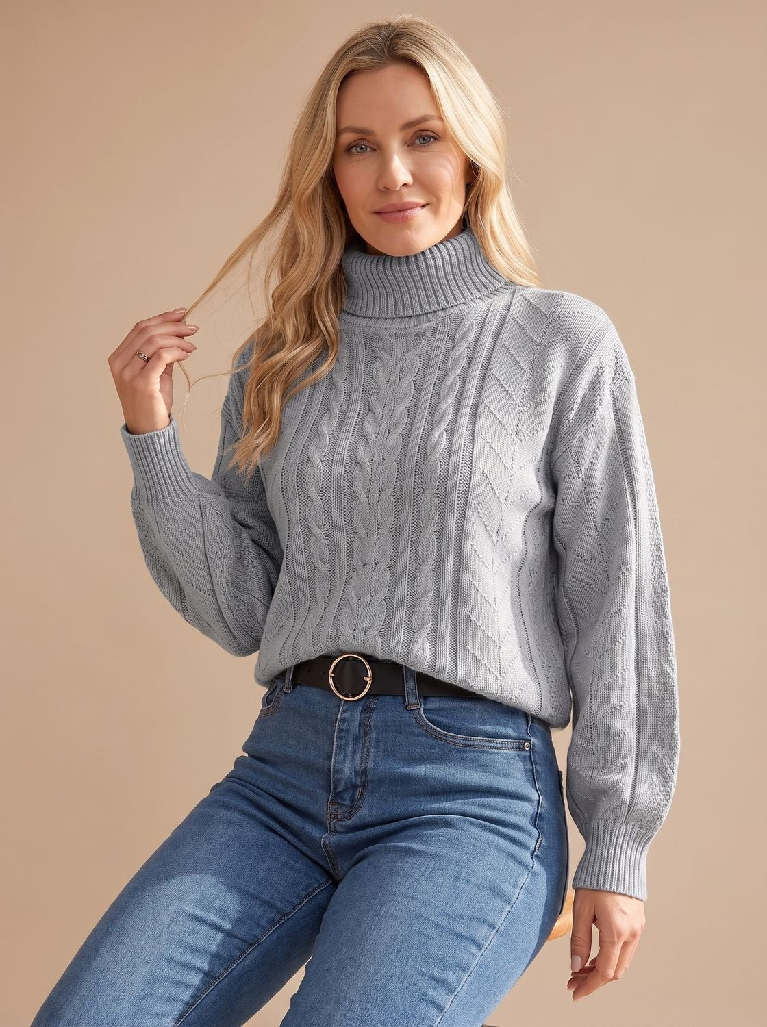 Zopfmuster-Pullover Damen mit Rollkragen und Ballonärmeln