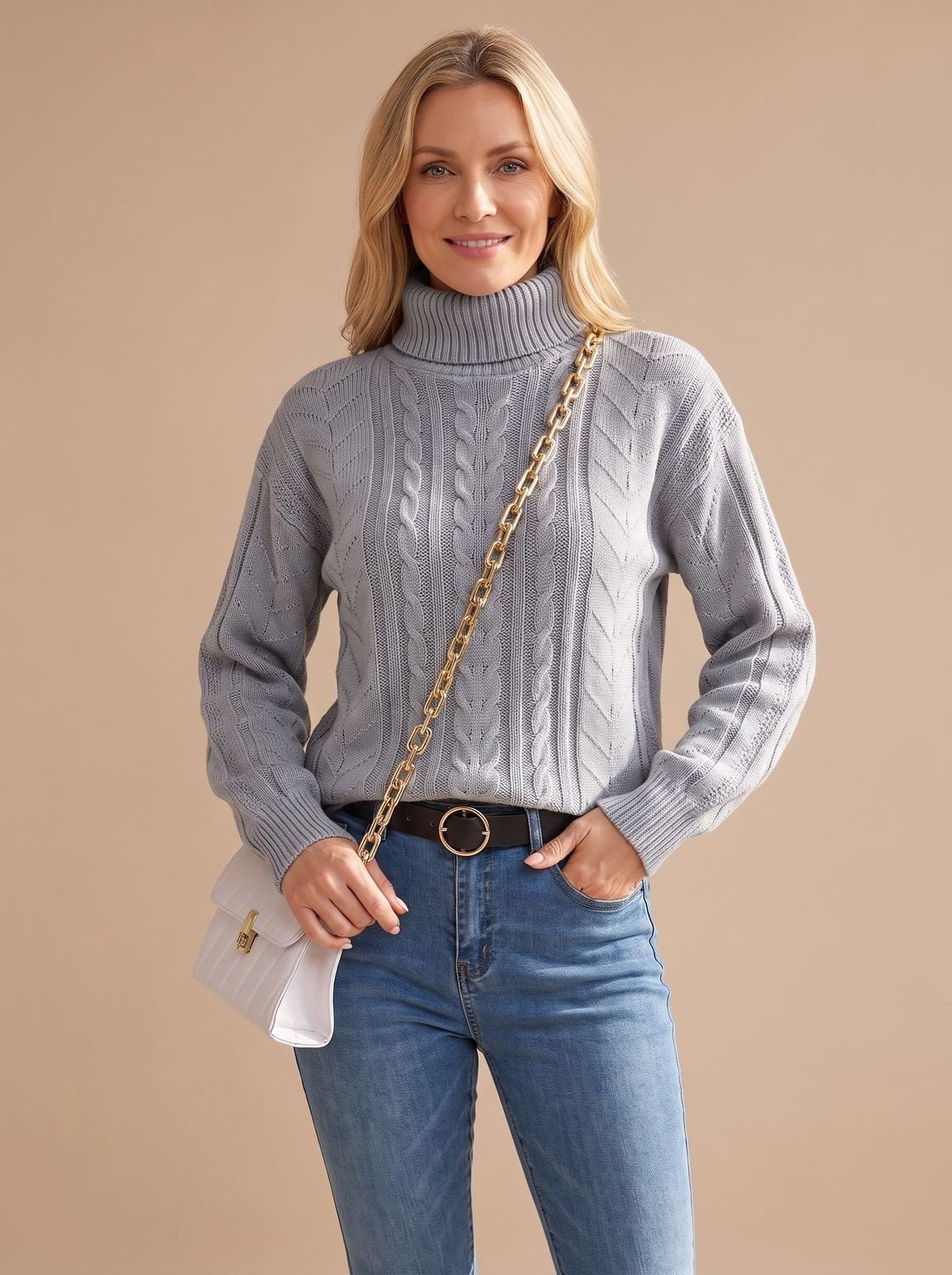 Zopfmuster-Pullover Damen mit Rollkragen und Ballonärmeln