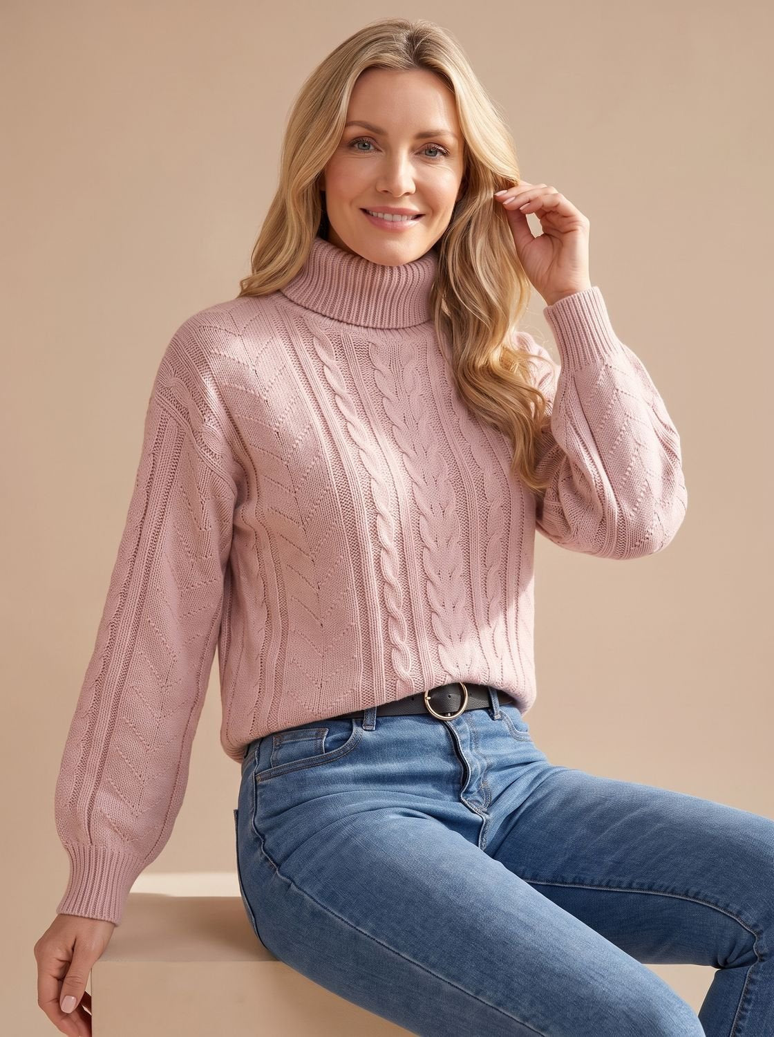 Zopfmuster-Pullover Damen mit Rollkragen und Ballonärmeln