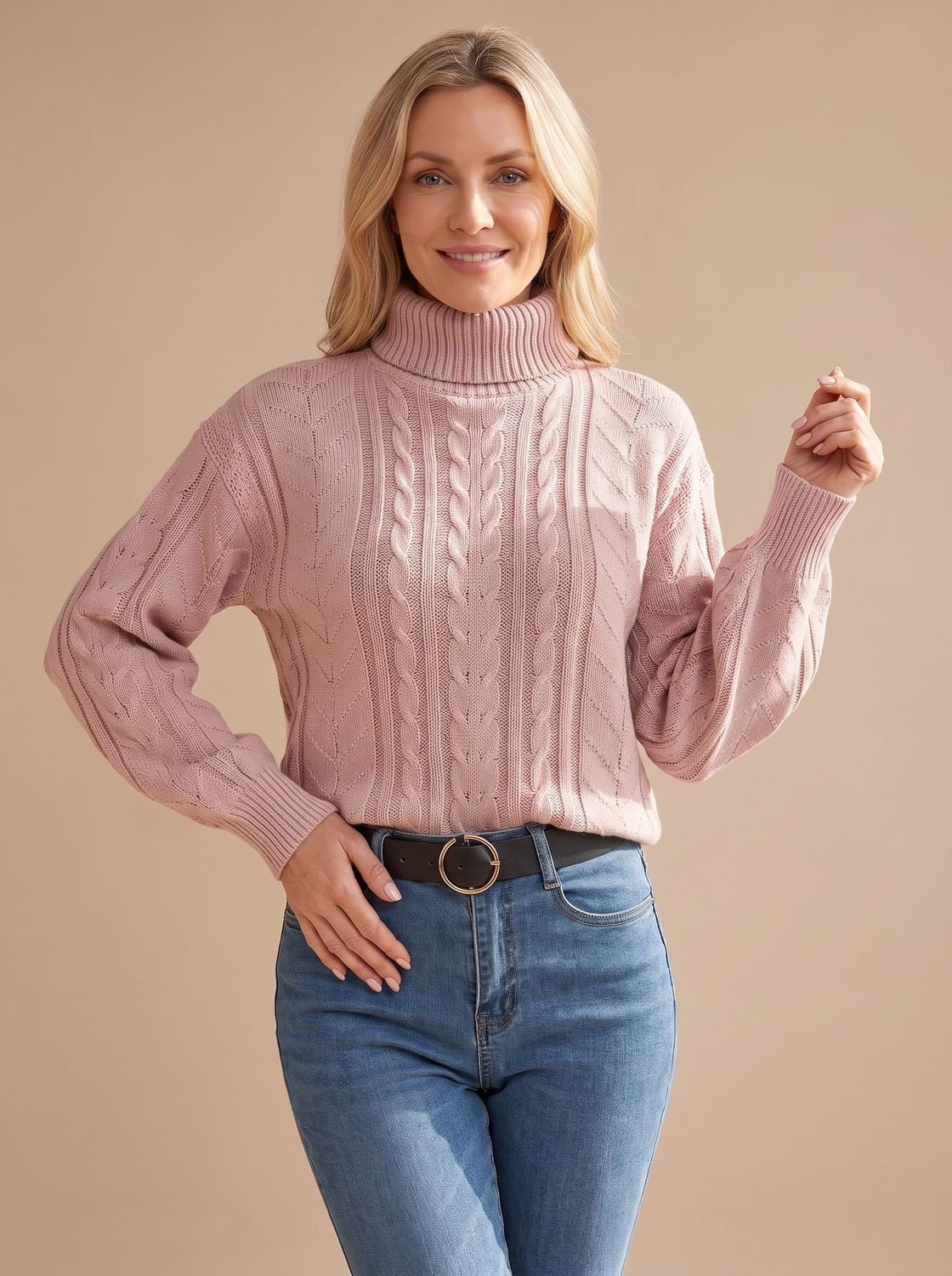 Zopfmuster-Pullover Damen mit Rollkragen und Ballonärmeln