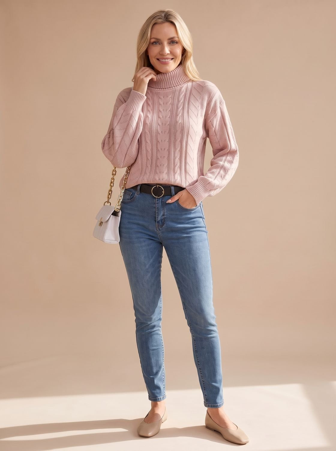 Zopfmuster-Pullover Damen mit Rollkragen und Ballonärmeln