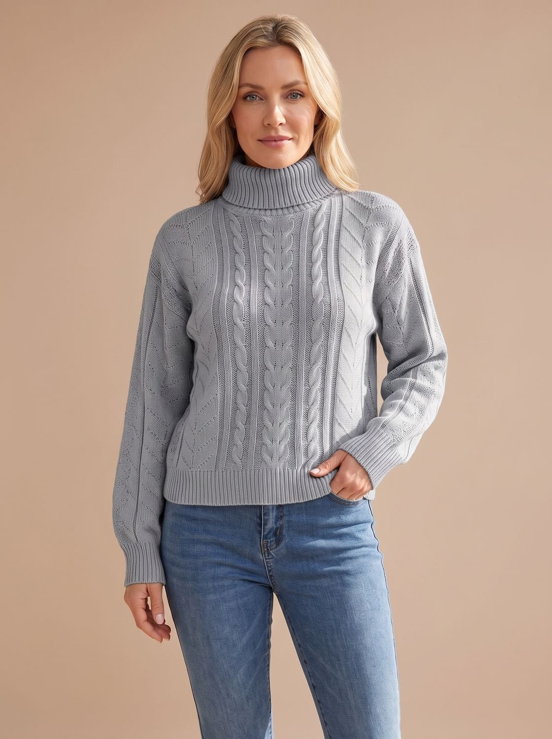 Zopfmuster-Pullover Damen mit Rollkragen und Ballonärmeln