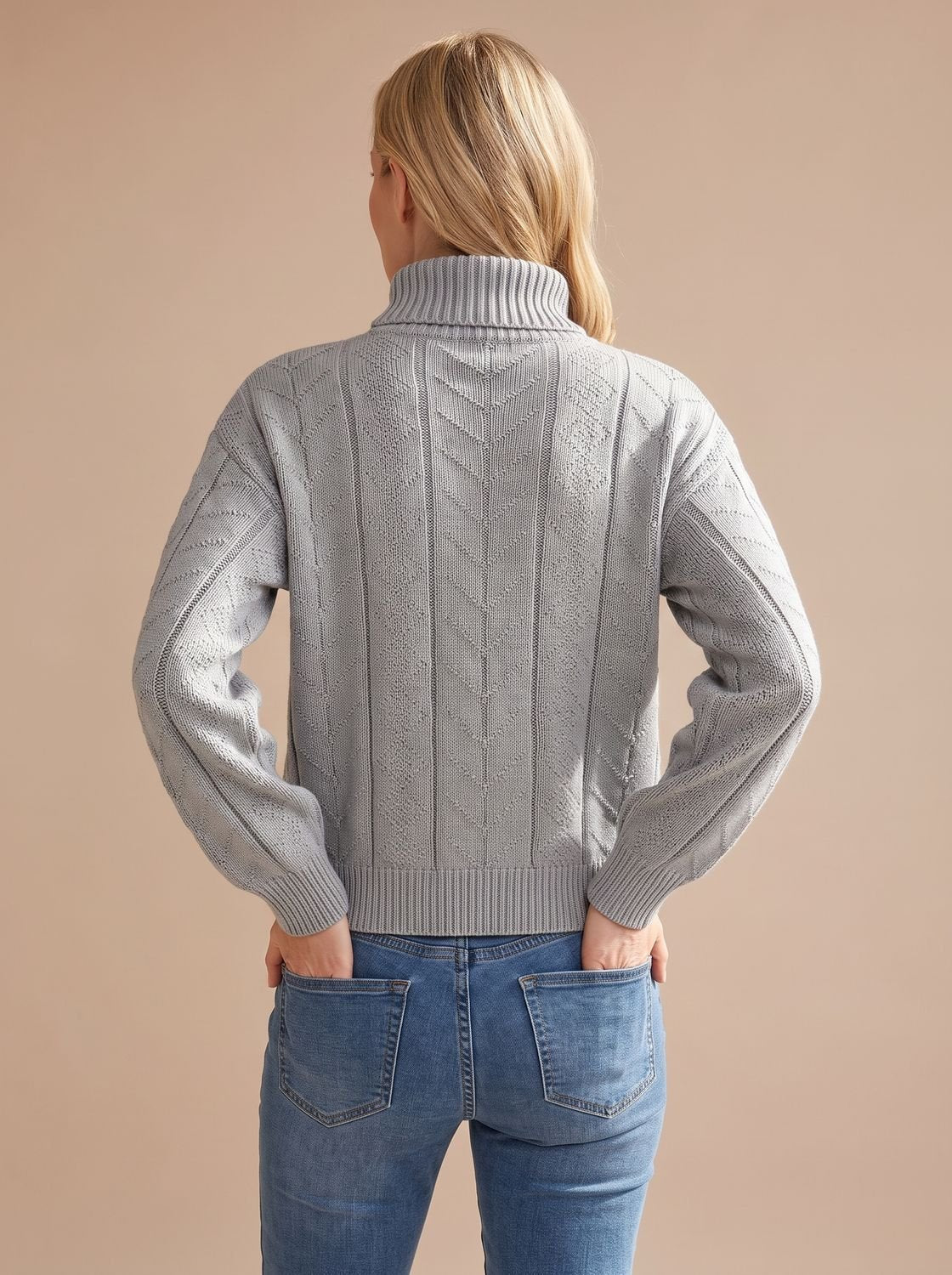 Zopfmuster-Pullover Damen mit Rollkragen und Ballonärmeln