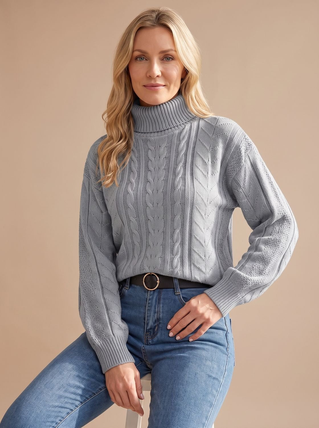 Zopfmuster-Pullover Damen mit Rollkragen und Ballonärmeln