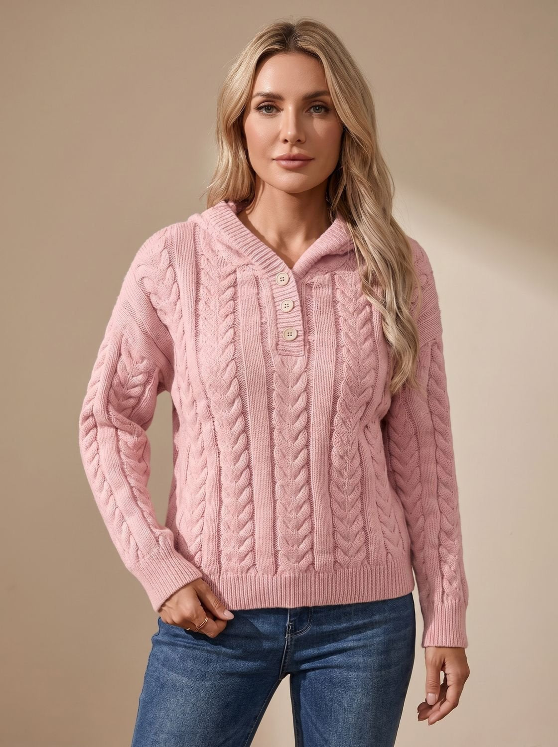 Zopfmuster-Pullover Damen Oversize mit Kapuze und Knopfleiste