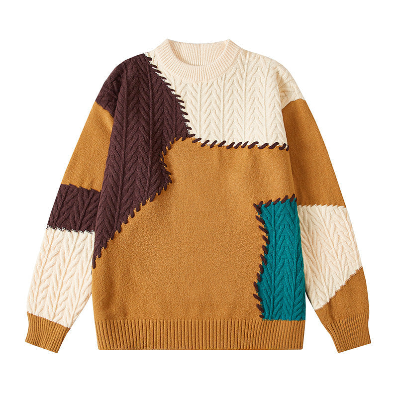 Zopfmuster Pullover mit Patchwork und Rundhals für Herren in Kaffeebraun mit Kamelbraun