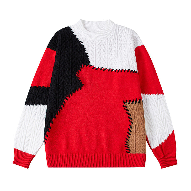 Zopfmuster Pullover mit Patchwork und Rundhals für Herren in Schwarz mit rotem Besatz - Ansicht 2