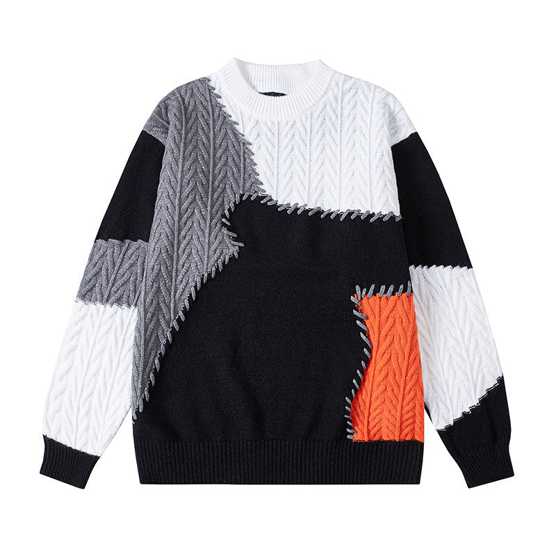 Zopfmuster Pullover mit Patchwork und Rundhals für Herren in Grau mit Schwarz - Ansicht 3