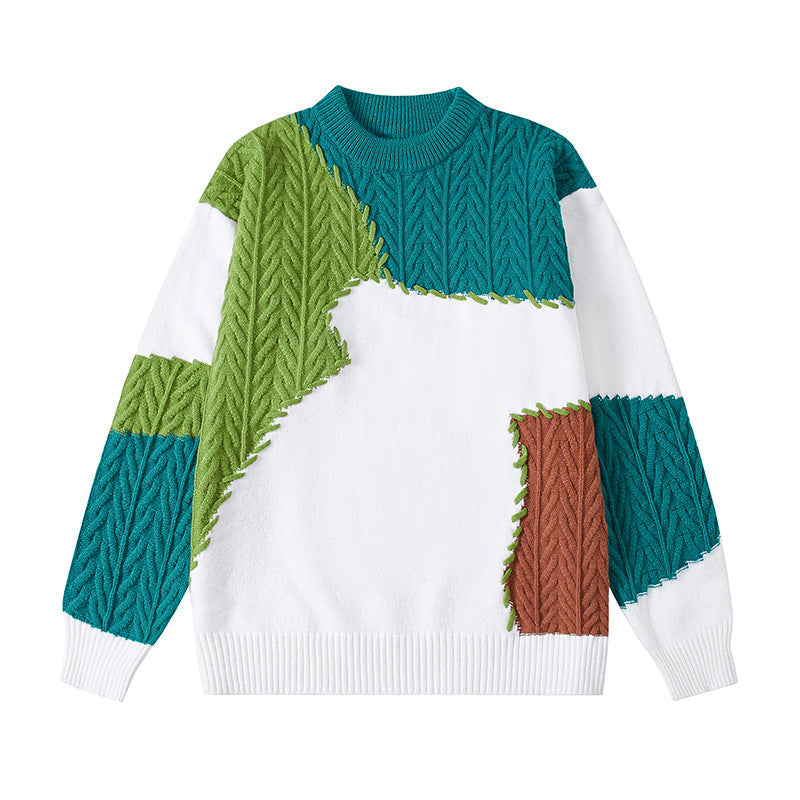 Zopfmuster Pullover mit Patchwork und Rundhals für Herren in Grün mit Weiß - Ansicht 4