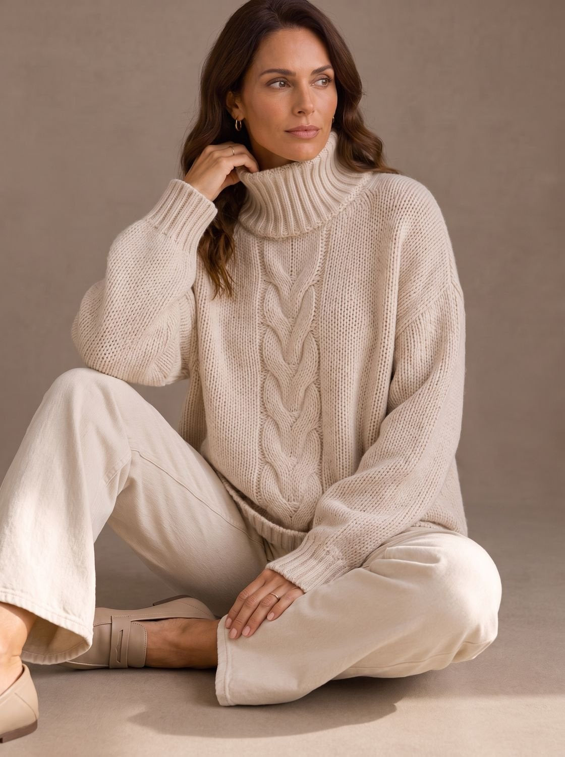 Zopfmuster-Rollkragenpullover Damen Oversize mit Seitenschlitzen
