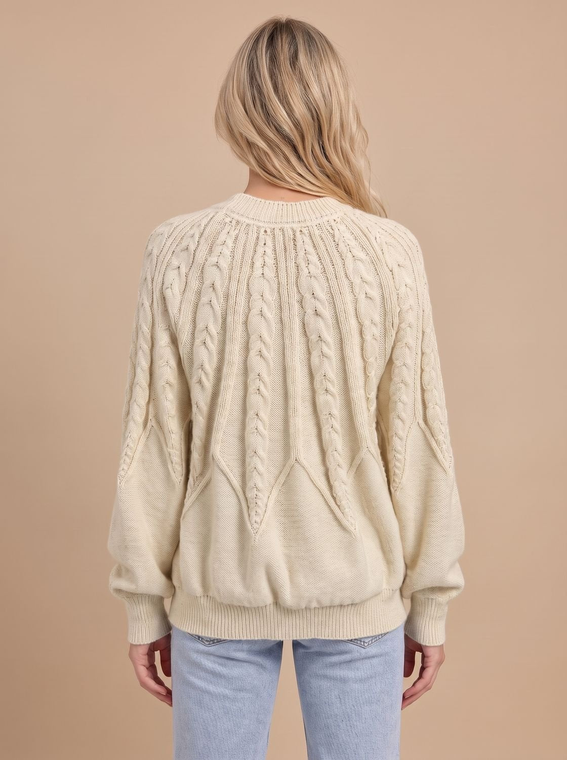 Zopfmuster-Strickpullover Damen Oversize mit Rundhals und Ballonärmeln