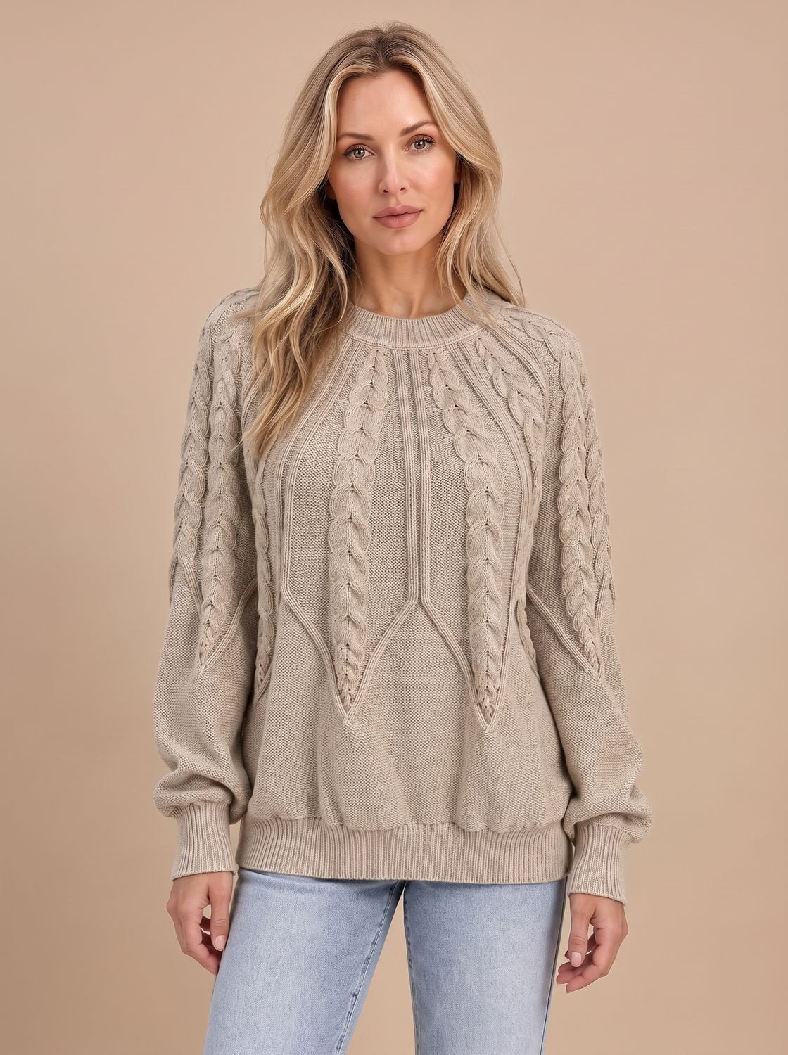 Zopfmuster-Strickpullover Damen Oversize mit Rundhals und Ballonärmeln