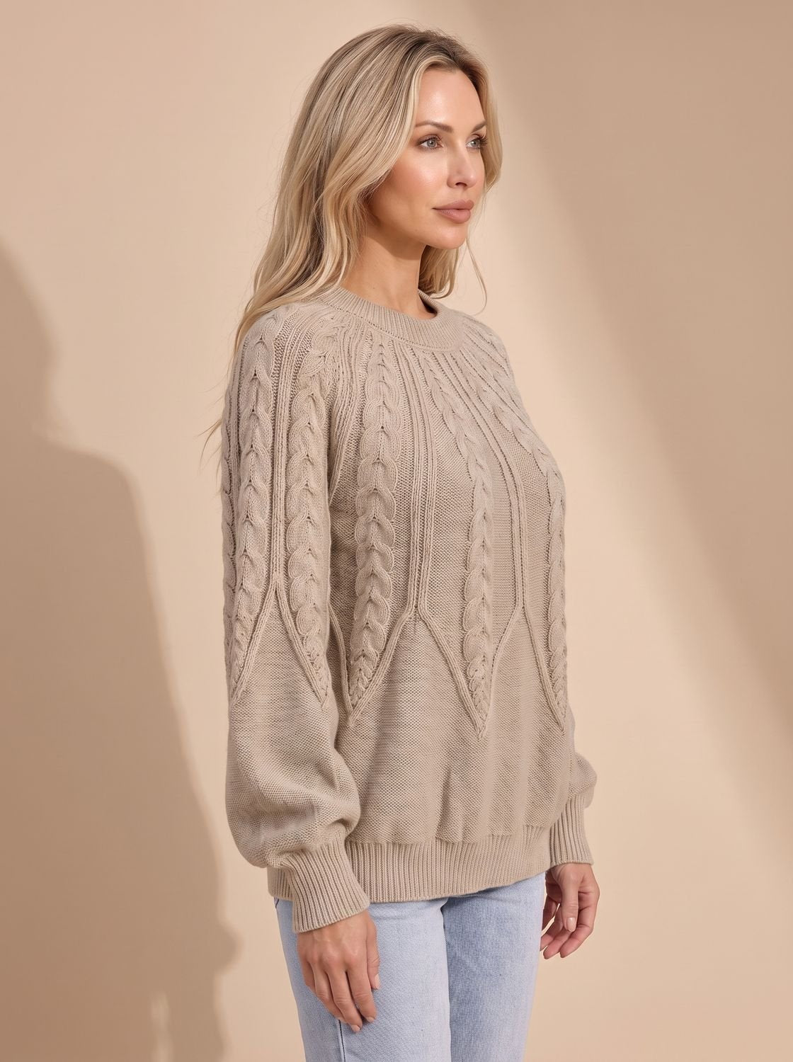 Zopfmuster-Strickpullover Damen Oversize mit Rundhals und Ballonärmeln