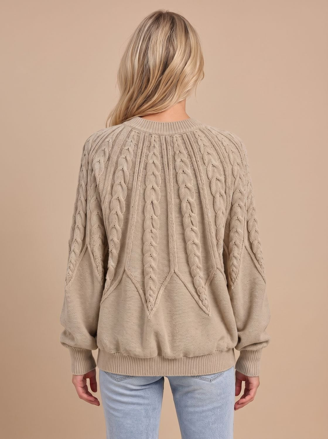 Zopfmuster-Strickpullover Damen Oversize mit Rundhals und Ballonärmeln