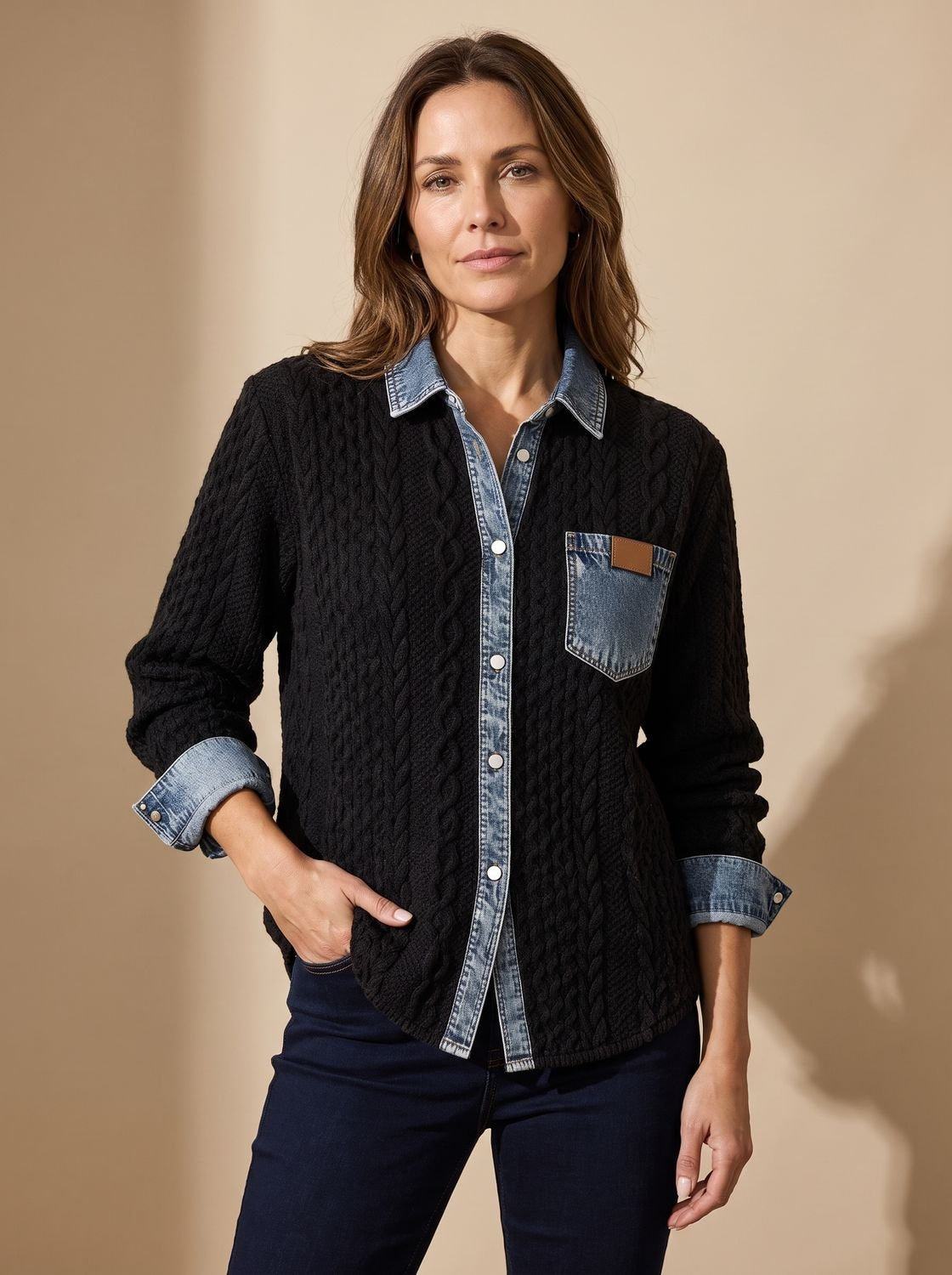 Zopfstrick-Overshirt Damen locker mit Jeanskragen und Knopfleiste