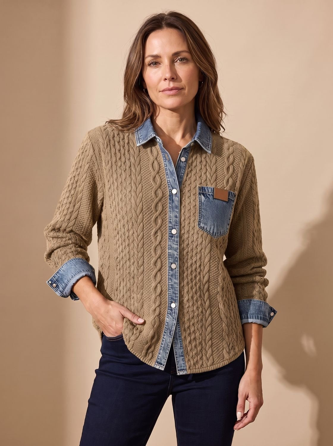 Zopfstrick-Overshirt Damen locker mit Jeanskragen und Knopfleiste