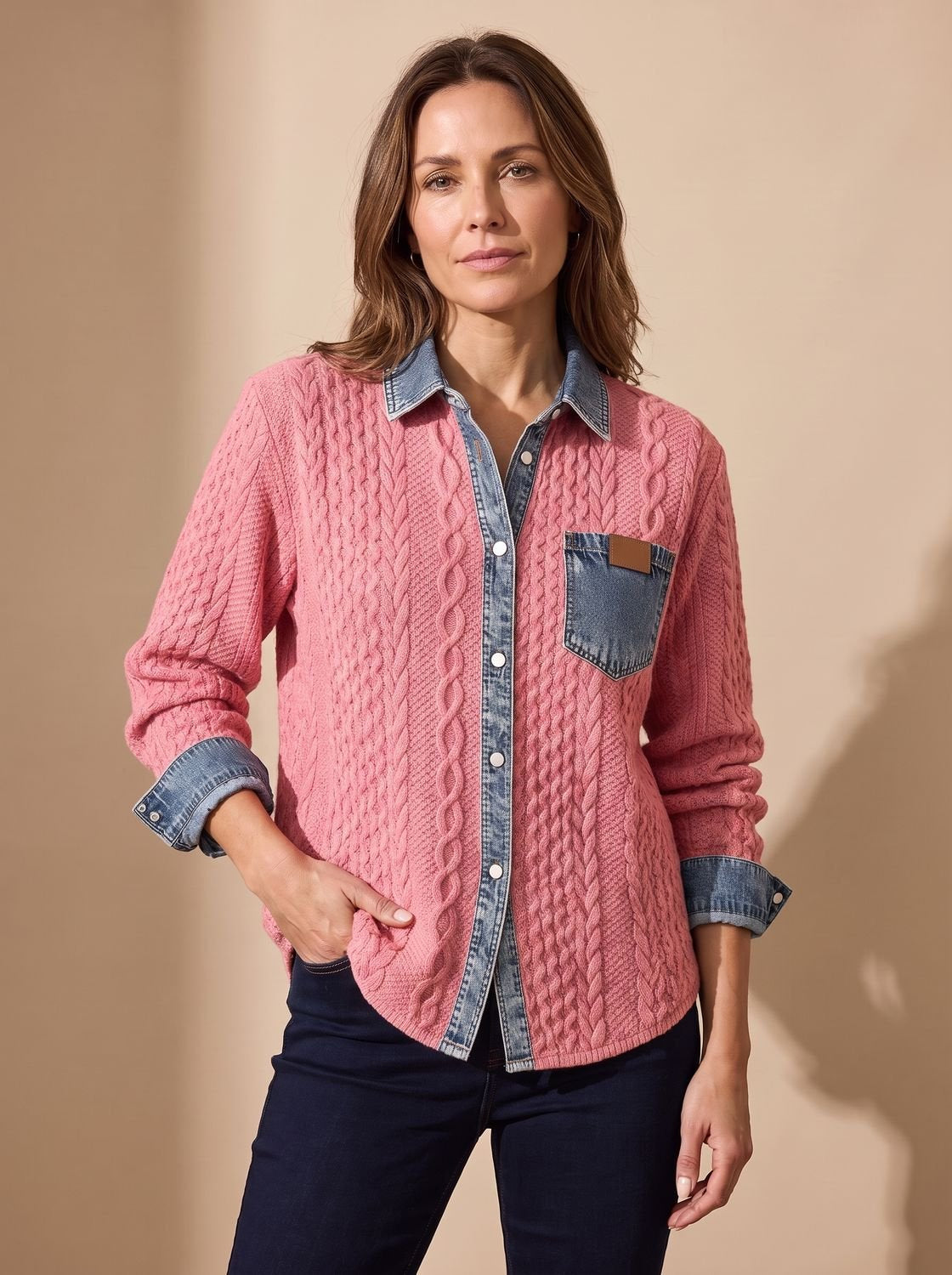 Zopfstrick-Overshirt Damen locker mit Jeanskragen und Knopfleiste