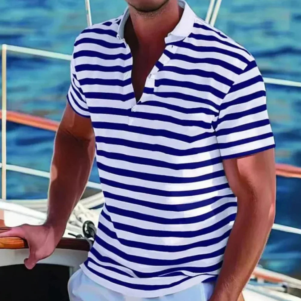 Poloshirt Herren Kurzarm mit Querstreifen und offenem Polokragen